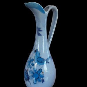 Blue Tonala Mexican Pottery Pitcher w/ Bird. Flower. 13" tall